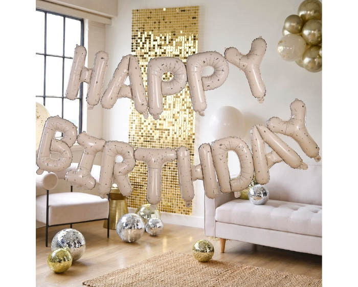 Ballonslinger Happy Birthday Creme met gouden spikkels Ginger Ray afbeelding