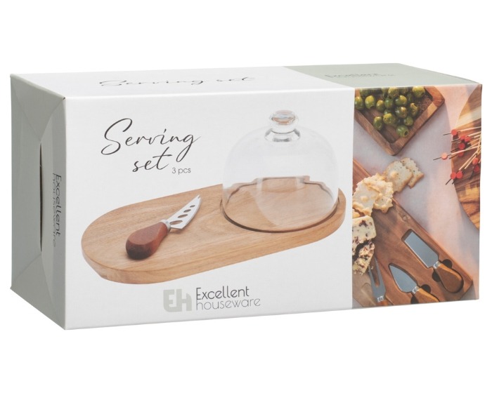 Serveerset Plank met glazen stolp en mes - 30x15x1,5cm afbeelding