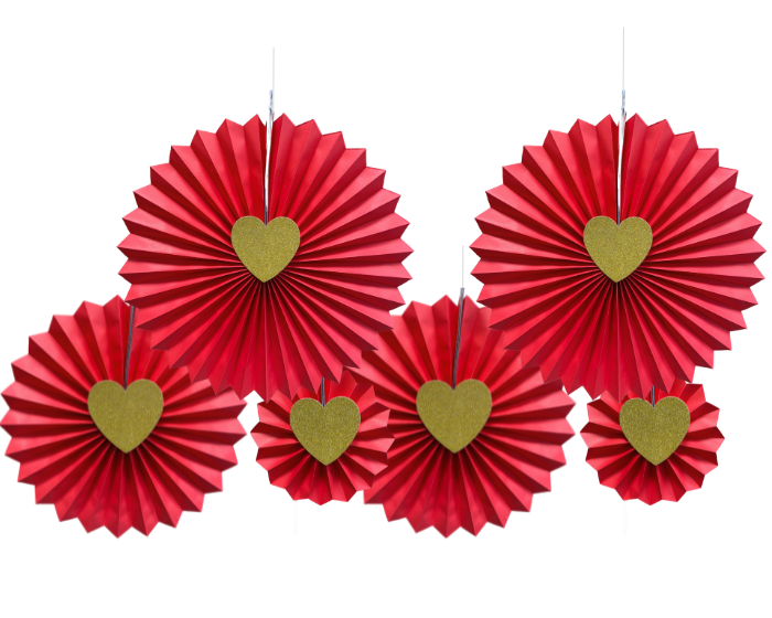 Deco Waaierset Rood met gouden hartjes - 6 stuks afbeelding