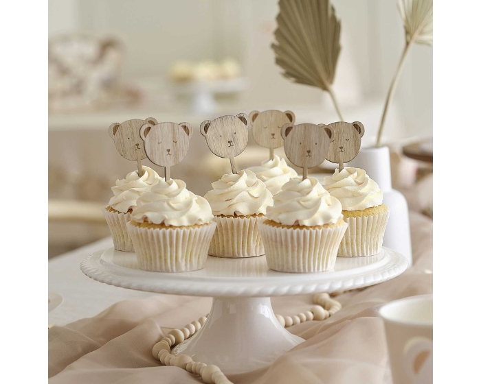 Houten Teddy Beer Cupcake Toppers Ginger Ray (6st) afbeelding