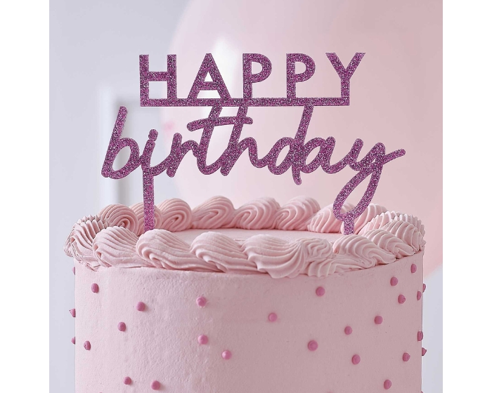 Glitter Caketopper Happy Birthday Acryl Roze Ginger Ray afbeelding