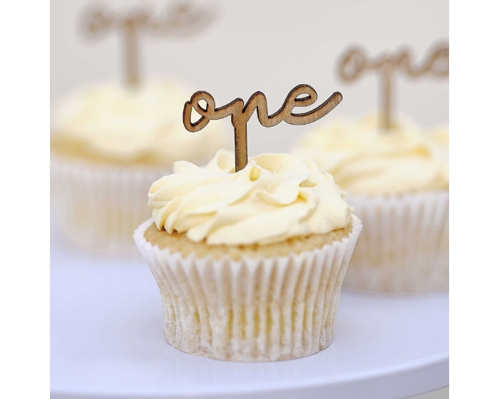 Houten Cupcake Topper One Ginger Ray (6st) afbeelding