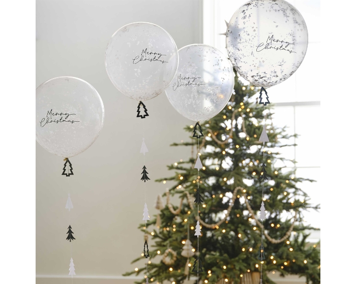 Witte Confetti Ballonnen Merry Christmas + ballonstaartje Ginger Ray (5st) afbeelding