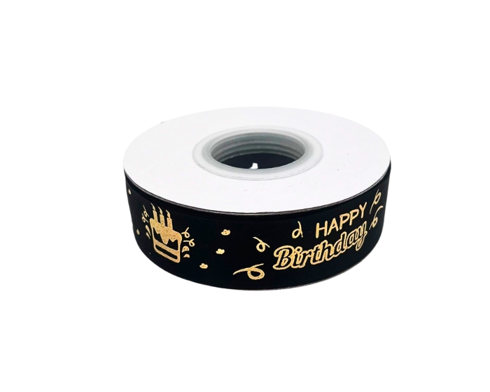 Satijnlint Happy Birthday Zwart&Goud (22m) afbeelding