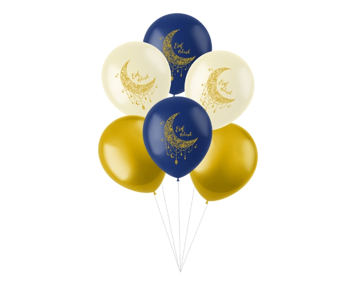 Ballonnen Eid Mubarak Blauw, Wit&Goud - 6 stuks afbeelding