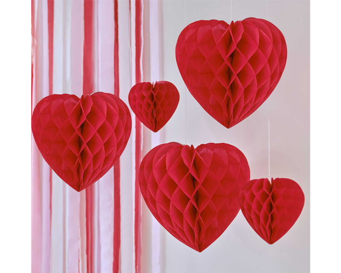 Honeycomb Hangdecoratie Hartjes Rood Ginger Ray (5st) afbeelding