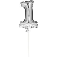 Mini Folieballon Caketopper Zilver Cijfer 1