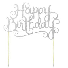 Glitter Cake Topper 'Happy Birthday' Zilver
