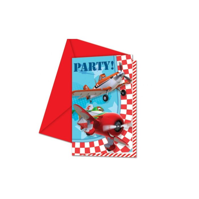Set van 6 kleurrijke uitnodigingen geïnspireerd door de film Planes, ideaal voor kinderfeestjes met een avontuurlijk thema.