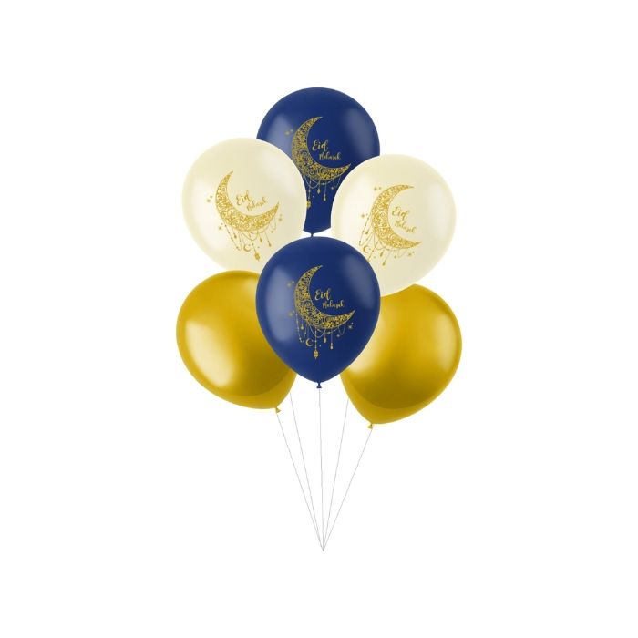 Ballonnen Eid Mubarak Blauw, Wit & Goud - 6 stuks