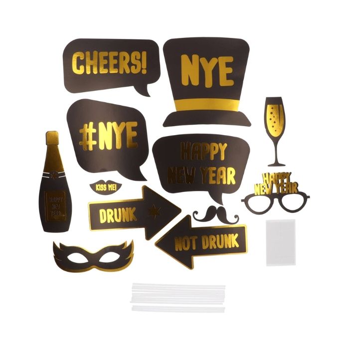 Photobooth Props Black & Gold voor Oud & Nieuw (12 stuks)