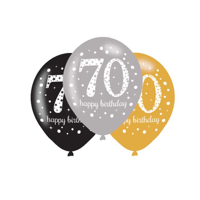 Ballonnen 70 Happy Birthday Zwart Zilver Goud 6st