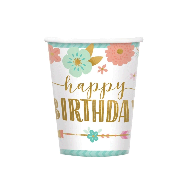 Bekers Boho Happy Birthday - 8st