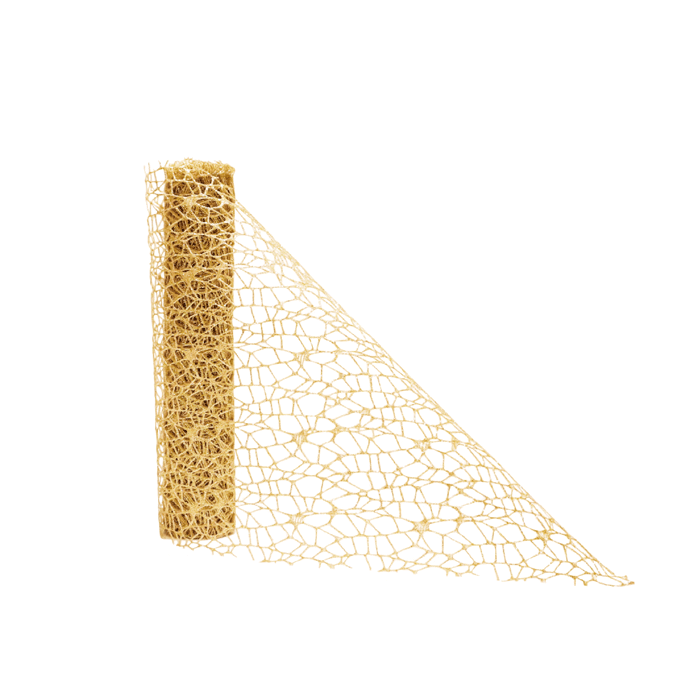 Rol gouden decoratiestof spider mesh met glitters 28x270cm