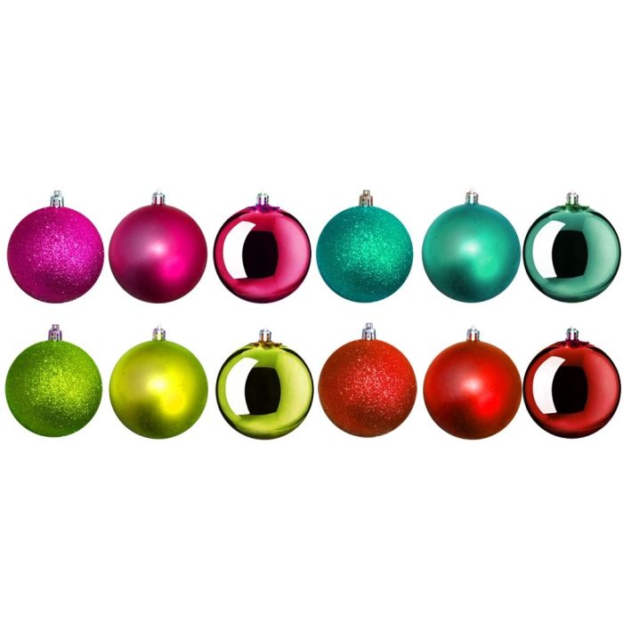 eze kerstballen set bestaat uit een mix (rood, fuchsia, turquoise en groen) van drie glanzende, drie matte en drie glitter kerstballen (incl. lusje). Gemaakt van kunststof. Diameter: ca. 6 cm.
