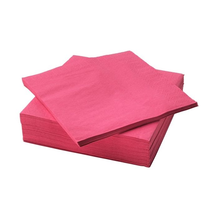 Fuchsiakleurige servetten netjes gestapeld, verpakt in sets van 100 stuks, met een luxe uitstraling.