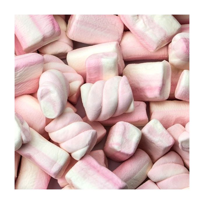 Een kleurrijke mix van roze en witte marshmallows, feestelijk uitgestald in een traktatieschaal. glucosefructosestroop, suiker, water, varkensgelatine, dextrose, maiszetmeel, voedingszuur: melkzuur, aroma, kleurstof: E131. Droog bewaren.
