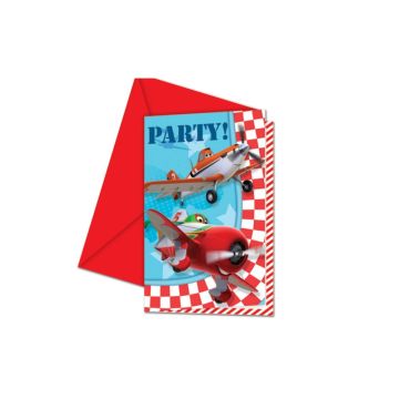 Set van 6 kleurrijke uitnodigingen geïnspireerd door de film Planes, ideaal voor kinderfeestjes met een avontuurlijk thema.
