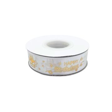 Satijnlint Happy Birthday Wit & Goud - 22 meter