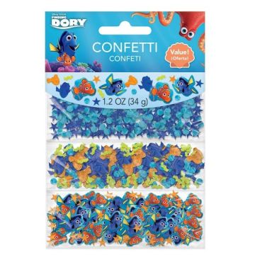 Metallic Finding Dory confetti in drie ontwerpen, verpakt per 34 gram. Kleurrijke decoratie voor feestjes en speciale gelegenheden.