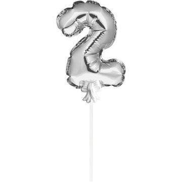 Mini Folieballon Caketopper Zilver Cijfer 2