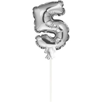 Mini Folieballon Caketopper Zilver Cijfer 5