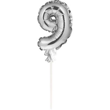Mini Folieballon Caketopper Zilver Cijfer 9