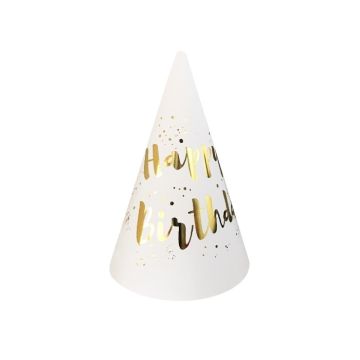 Feesthoedjes Happy Birthday Wit/Goud (6st)