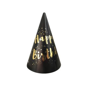 Feesthoedjes Happy Birthday Zwart/Goud (6st)