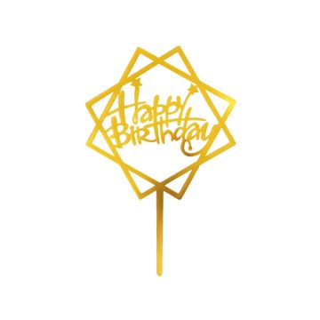 Caketopper Happy Birthday 8-hoek Goud 