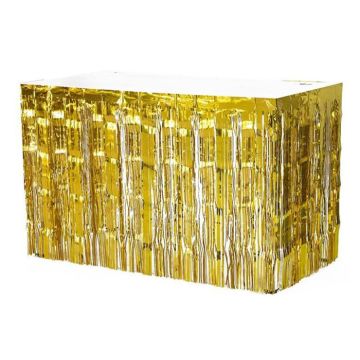 Folie Fringe Tafelrok Goud - 275 x 74 cm met witte achtergrond