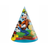 Een kleurrijke set van 6 Mickey Mouse feesthoedjes met elastiekjes, perfect voor verjaardagen en kinderevenementen.