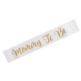 Witte sjerp met de tekst 'Mommy To Be' in gouden letters.