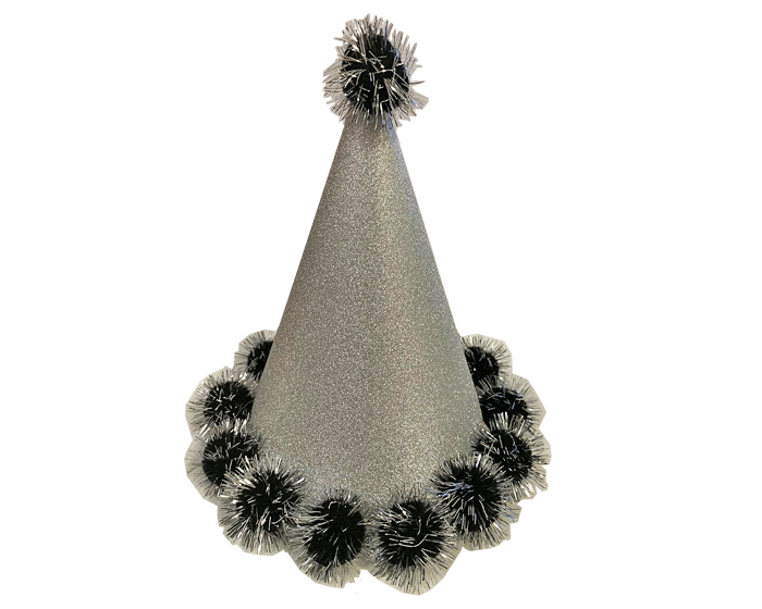 Glitter Feesthoed Zilver + Pompoms afbeelding