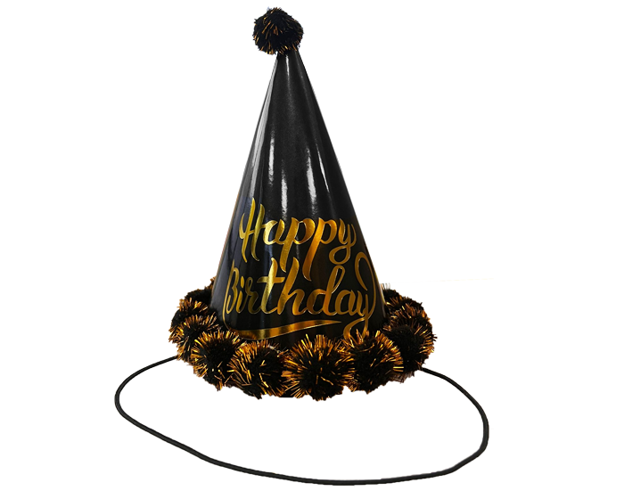 Feesthoed Happy Birthday Zwart/Goud + Pompoms afbeelding