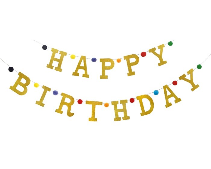 Slinger Happy Birthday Goud + Pompom afbeelding