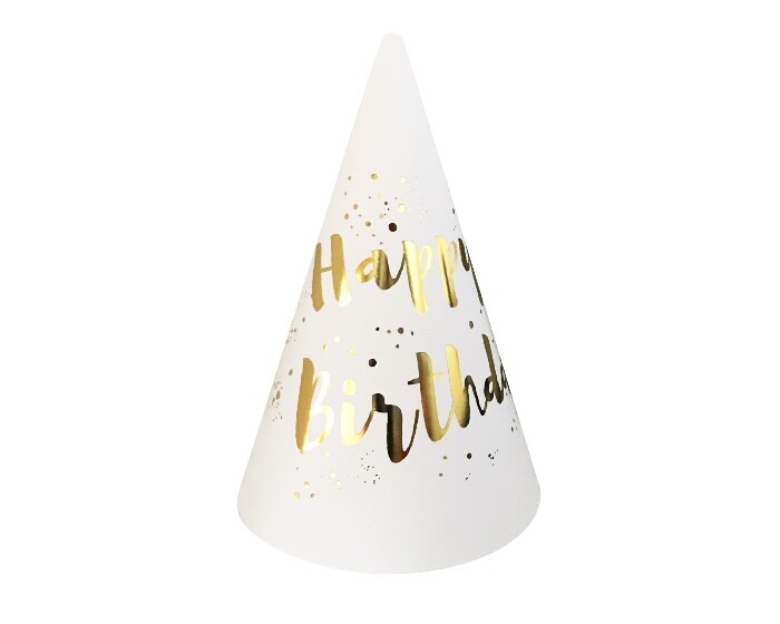 Feesthoedjes Happy Birthday Wit/Goud (6st) afbeelding