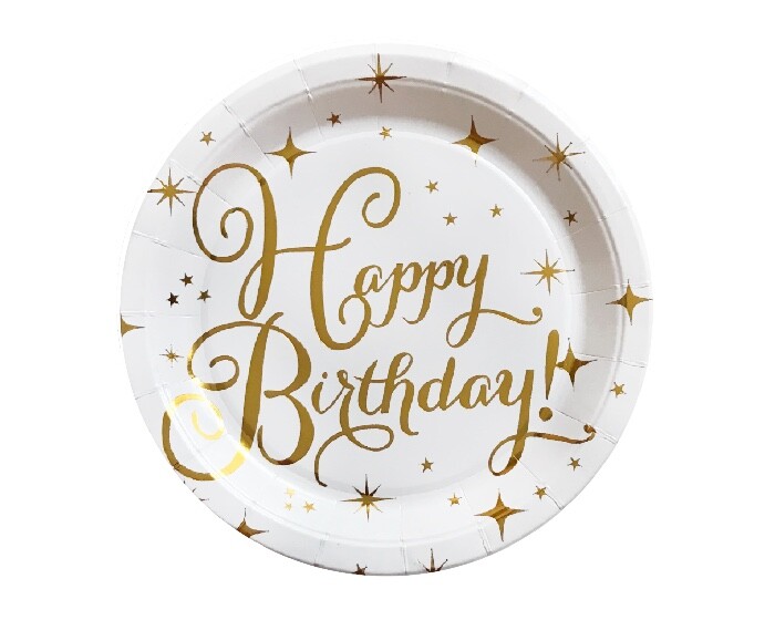 Bordjes - Happy Birthday! - Wit/Goud - 8 stuks afbeelding