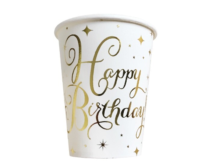 Bekers - Happy Birthday! - Wit/Goud - 8 stuks afbeelding