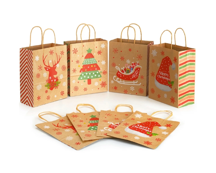 Cadeautasjes Kerst Assorti Kraft - 6 stuks afbeelding