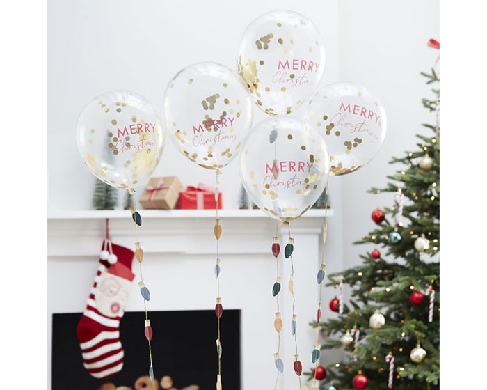 Confetti Ballonnen Merry Christmas + staartje Ginger Ray (5st) afbeelding