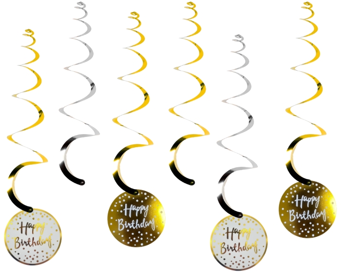 Swirls Happy Birthday Wit/Goud (6st) afbeelding