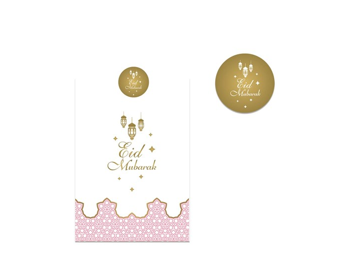Papieren Zakjes + Stickers Eid Mubarak Roze (6st) afbeelding